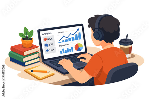 Young person wearing headphones working on laptop with charts and graphs.