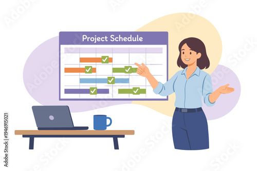 Woman presenting project schedule on a large screen with laptop and coffee.