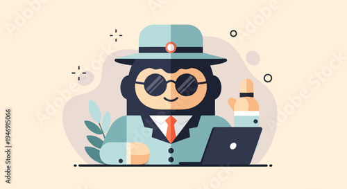 Stylized primate in a hat and suit sits at a laptop