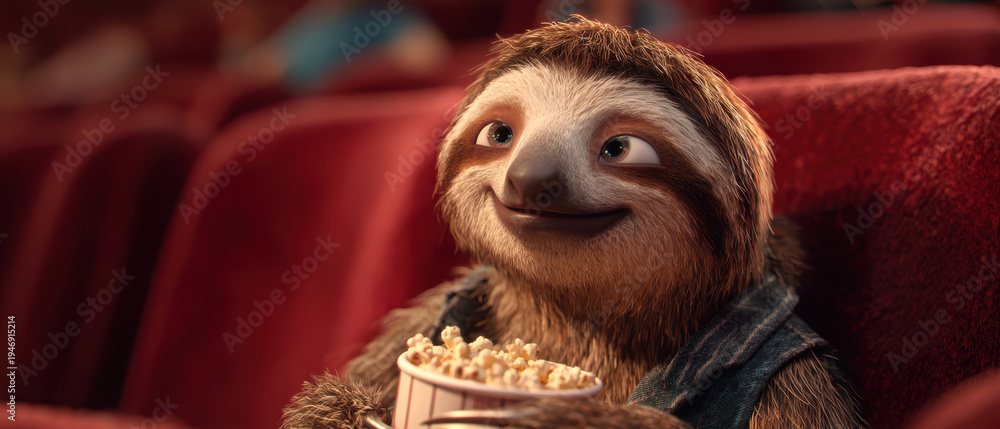 Fototapeta premium Cute Sloth Watching Movie with Popcorn – Generative AI