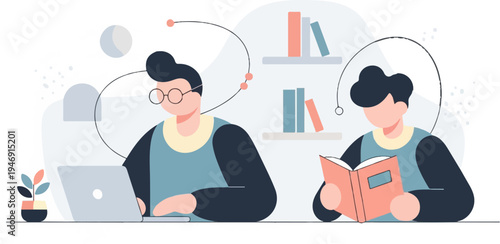 Two people engaged in learning and work, one with a laptop, the other with a book