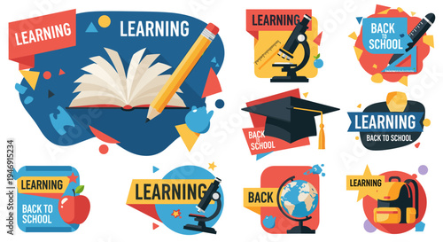 Colorful back to school learning icons.
