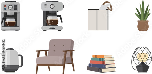 Home accessories including coffee maker, chair, books, lamp, plant