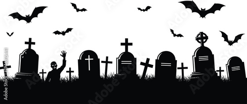 Spooky Halloween graveyard silhouette with tombstones and bats flying in the night sky and a zombie hand rising from grass