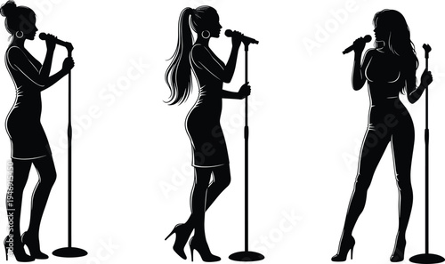 Silhouette of a female singer performing with a microphone on stand in different poses cad drawing flat vector illustration