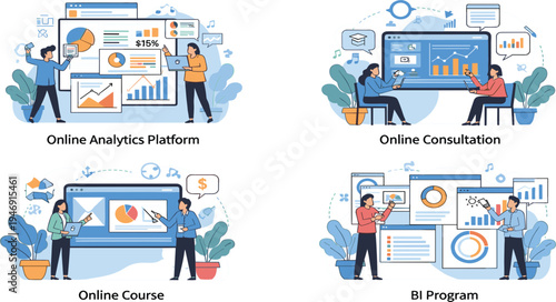 Online Business Analytics, Consultation, Course and BI Program Concept Illustrations with People Analyzing Data Dashboards, Charts and Digital Marketing Reports