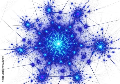 Blue abstract fractal pattern with glowing starburst elements on white.