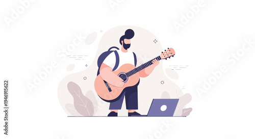 Man with guitar and laptop, flat style with plants