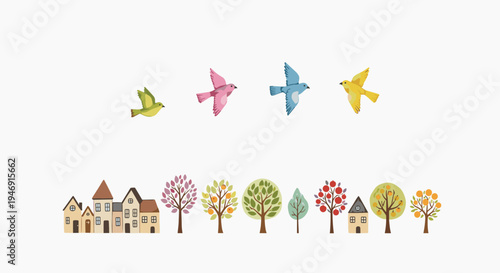 Colorful illustration of birds and trees.