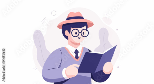 Stylized character wearing a hat and glasses, reading a book