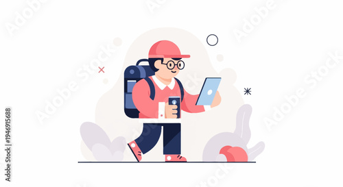 Cartoon person with backpack, tablet, and phone walking