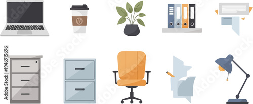 Collection of office supplies including a laptop, coffee cup, plant, binders, and furniture