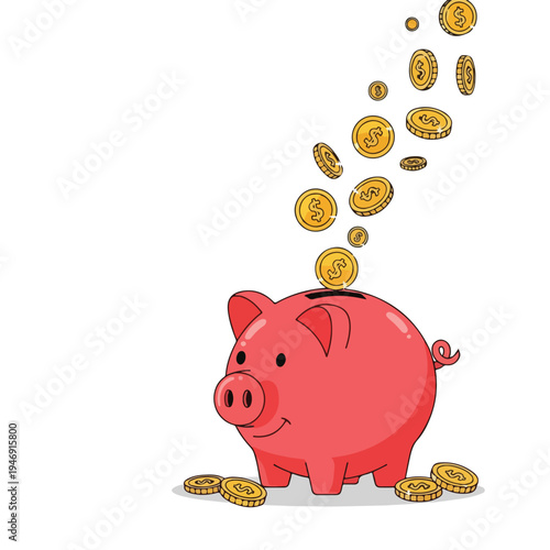 Pink Piggy Bank with Gold Coins.