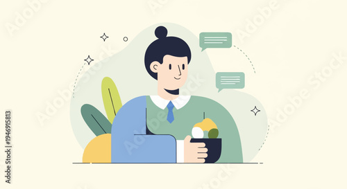 Person holding bowl with food, speech bubbles, and abstract shapes