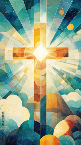 Cross in radiant light – Christian stained glass symbolizing faith, hope, and spirituality. AI generative.