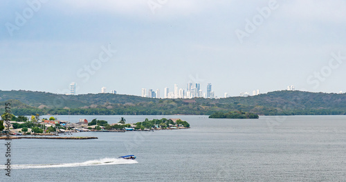 Tierra Bomba Island (Isla de Tierrabomba) with the skyline of Bocagrande in Cartagena, Colombia
