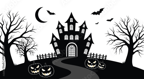 Spooky Silhouette of a Haunted Mansion on a Hill with Grinning Halloween Pumpkins Bats and Bare Trees for Horror Mystery and Celebration Concept