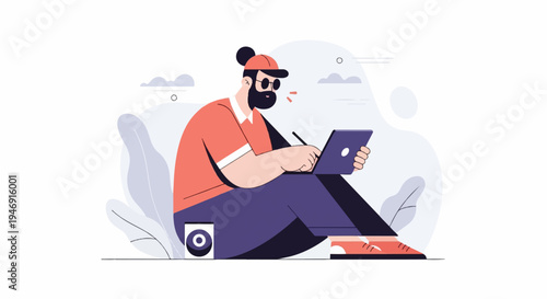 Bearded man in cap and sunglasses drawing on tablet while sitting