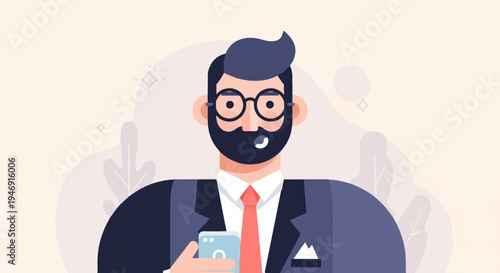 Stylized man with beard, glasses, and suit holding a smartphone