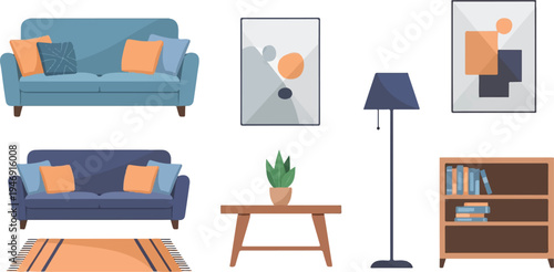 Colorful digital art featuring modern living room furniture, artwork, and decor