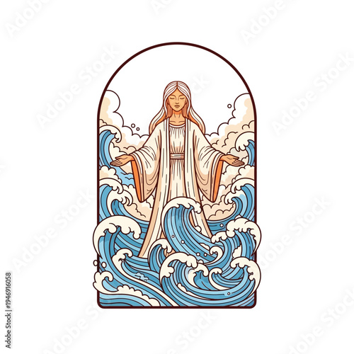 A serene woman in a white robe stands amidst powerful ocean waves under a cloudy sky.