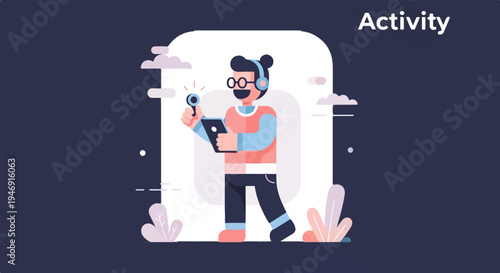 Animated person with microphone and tablet, in front of clouds