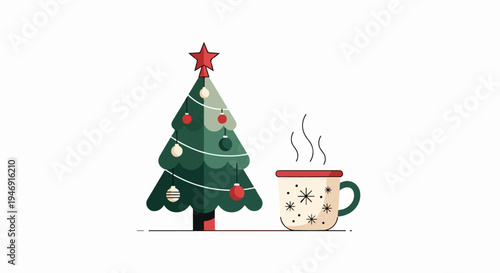 Decorated Christmas tree with a steaming mug of hot beverage, festive holiday illustration