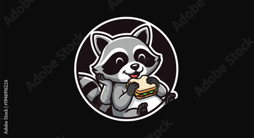 Cartoon raccoon eating sandwich on black