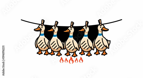 Five cartoon ducks hanging on a wire over stylized flames