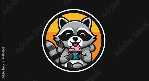 Cartoon raccoon enjoying a cupcake