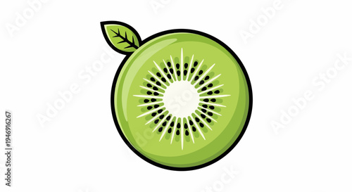 A bright green, cartoon-style slice of kiwi fruit with a small leaf