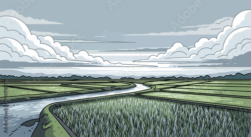 A winding river flows through lush green rice paddies under a cloudy sky