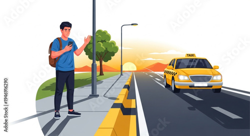 Man hailing a taxi on road.