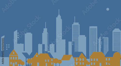 Peaceful City Skyline at Night with Modern Buildings and Moonlight under a Dark Blue Sky