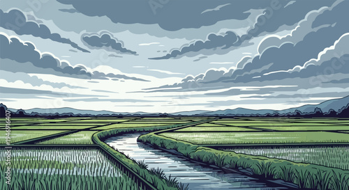 Pixelated panorama of flooded green rice fields under a dramatic cloudy sky