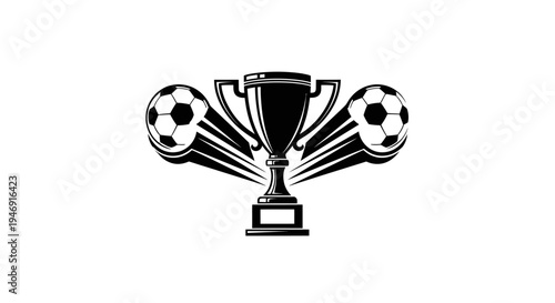 Trophy Cup with Three Soccer Balls Symbolizing Victory on Isolated White Background
