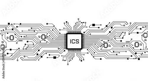 Microchip with ICS Label and Intricate Circuit Board Design on Isolated White Background