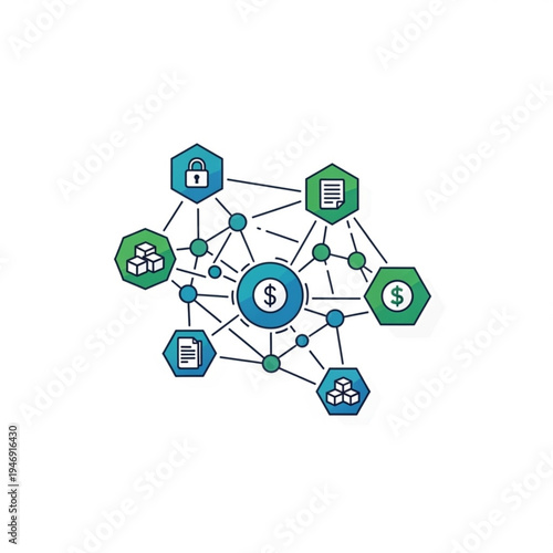 Financial network connections with money and document icons
