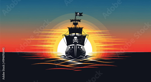 A pirate ship sails on dark waters against a vibrant sunset horizon with a skull flag