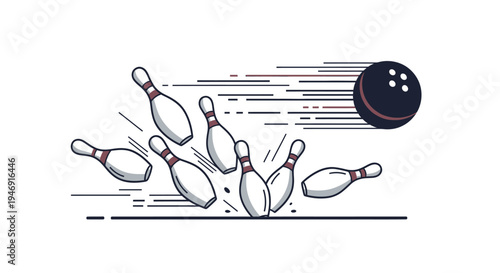 Dynamic Bowling Ball Striking Pins with Motion Trails on Isolated White Background