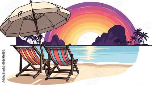Two empty striped lounge chairs sit on a beach under a large umbrella, with a colorful sunset over islands and palm trees