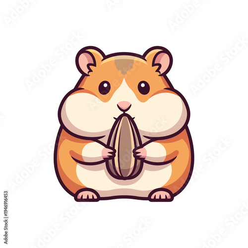 A cute cartoon hamster with orange and white fur holding a large sunflower seed.