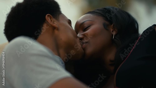 Love In Sunlight. Intimate Scene Of Young Lovers Sharing Tender Kiss In Peaceful Natural Surroundings