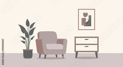 Cozy Minimalist Living Room Interior with Armchair and Potted Plant on Light Background