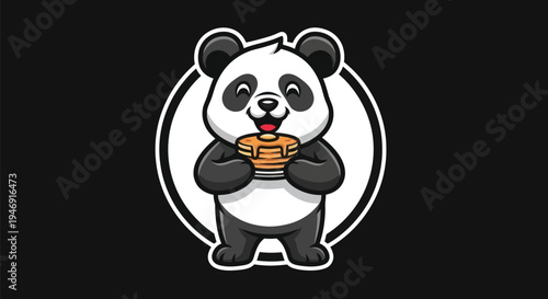 Cartoon panda holding dessert on black
