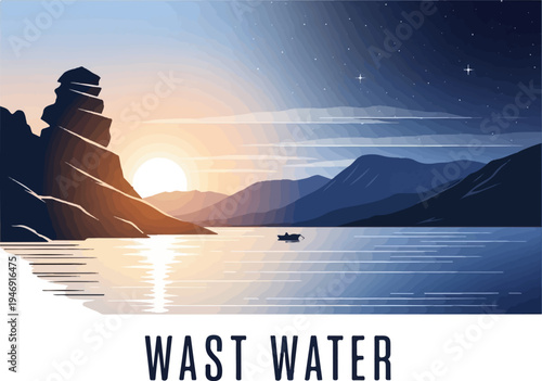 Pixel art of a serene lake at dusk, with a lone boat under a starry sky