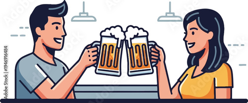 Happy people toasting with frothy beer mugs at a bar, with lights above