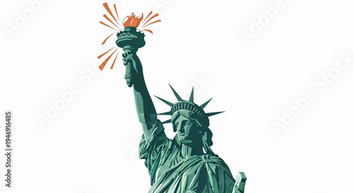 Iconic copper statue of liberty holding aloft a fiery torch against a white background
