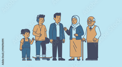 Happy Multi-Generational Asian Family Standing Together on a Light Blue Background