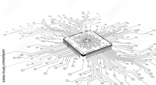 Detailed Line Art of Microchip and Circuit Board on Isolated White Background